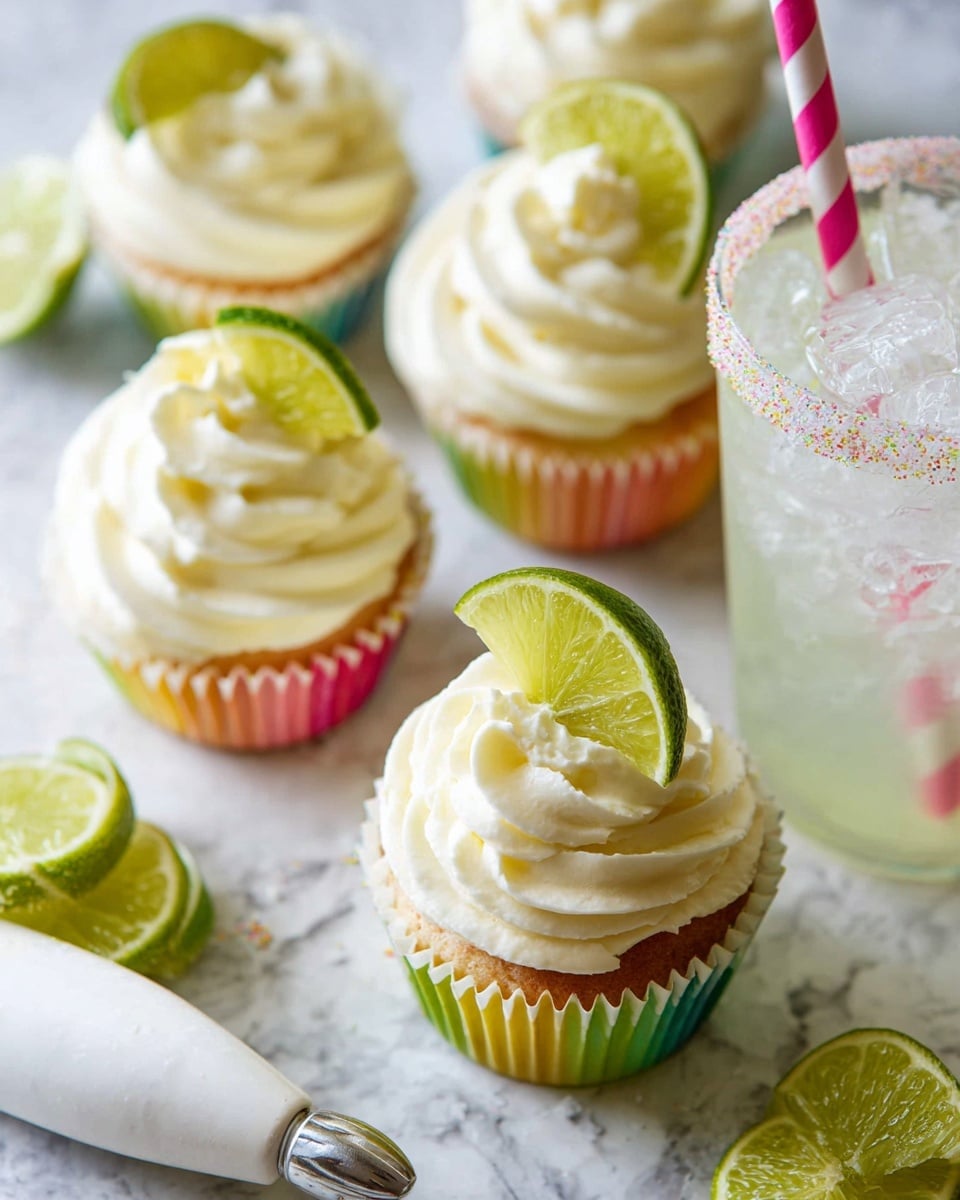 Four cupcakes in white paper liners with rainbow edges are placed on a white marbled surface. Each cupcake has one thick layer of smooth, swirled white frosting topped with a small, fresh lime wedge. Around the cupcakes, there are several lime slices scattered. To the right, there is a clear glass with ice, a salted rim, a pink-and-white striped straw, and a lime wedge on the rim. In the bottom left corner, a white piping bag with a metal tip rests on the surface. Photo taken with an iphone --ar 4:5 --v 7
