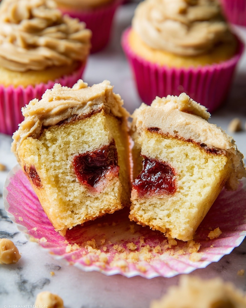 The image shows a cupcake split into two pieces revealing its inside layers, placed in a white cupcake liner with a pink hue. The cupcake's base layer is light yellow with a soft, crumbly texture. Inside the cupcake, there is a visible spread of dark red jam in the center, contrasting with the soft cake around it. The top layer is a thick, creamy light brown frosting with a slightly rough texture, piled generously on the cupcake halves. The cupcake sits on a white marbled surface with some small nut pieces scattered nearby. Other whole cupcakes with the same frosting and white liners with pink hue are partially visible in the background. Photo taken with an iphone --ar 4:5 --v 7