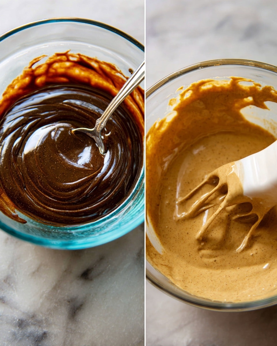 The image shows two clear glass bowls on a white marbled surface, each containing different batters. The left bowl contains a thick, dark brown mixture with a shiny, smooth texture, swirled lightly with a shiny metal spoon resting inside. The right bowl has a light brown batter with a creamy, slightly thick texture, being mixed with a white-handled mixer, with some of the mixture clinging to the mixer’s paddle. photo taken with an iphone --ar 4:5 --v 7