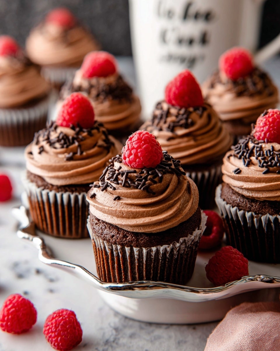 The image shows several chocolate cupcakes placed on a shiny white plate with a scalloped edge, set on a white marbled texture. Each cupcake has a brown cake base with a thick swirl of smooth chocolate frosting on top. The frosting is decorated with small dark chocolate sprinkles, and each cupcake is topped with a fresh red raspberry. There are a few raspberries scattered around the plate and surface. In the background, there is a blurred white mug with text on it. The photo taken with an iphone --ar 4:5 --v 7