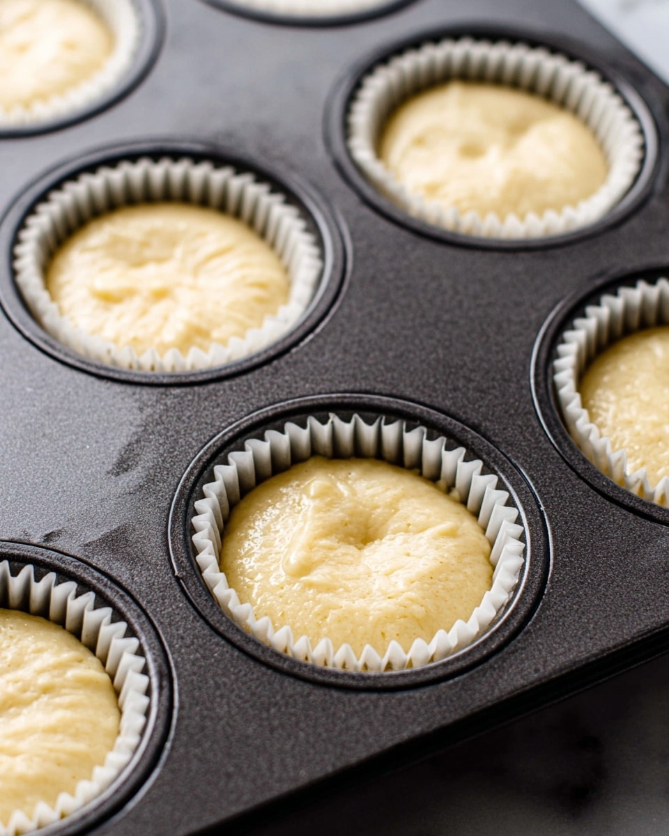 The image shows a close-up of six white paper cupcake liners filled with pale yellow cake batter inside a dark metal muffin tray. Each liner is textured with ridges and the batter looks smooth with a slight glossy shine. The tray sits on a white marbled surface, which contrasts with the dark metal. Photo taken with an iphone --ar 4:5 --v 7