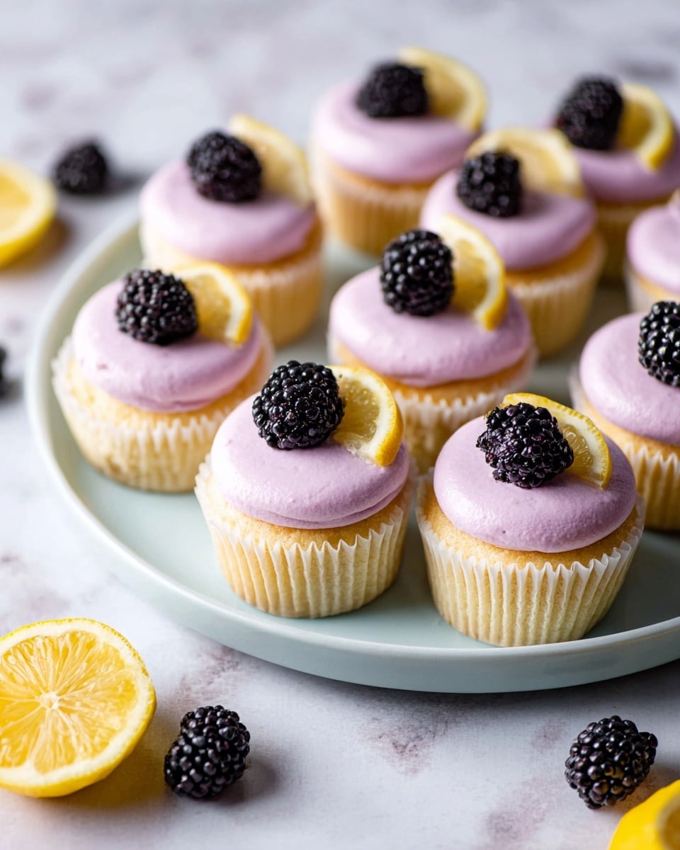 This image shows a white plate filled with eight small cupcakes arranged closely together. Each cupcake has one layer of light yellow cake with a smooth and creamy layer of light purple frosting on top, which is dome-shaped and thick. Each frosting dome is topped with one fresh black berry, mostly blackberries. Two cupcakes also have a small bright yellow lemon slice placed under the berry on the frosting. The cupcakes sit in pale cream paper liners. Around the plate are scattered a few more blackberries and a couple of lemon slices on a white marbled surface. The photo taken with an iphone --ar 4:5 --v 7