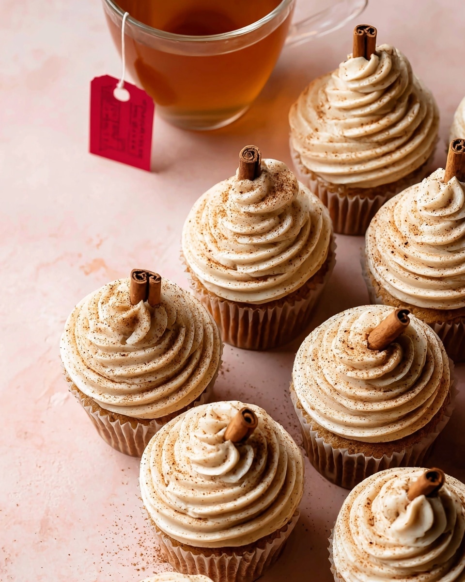 The image shows seven cupcakes with creamy, light beige swirled frosting on top, each sprinkled lightly with cinnamon or nutmeg powder. The frosting has a smooth, ridged texture and rises in a spiral shape with a small peak at the center. Each cupcake has a cinnamon stick piece standing vertically in the middle of the frosting. The cupcakes are arranged closely together on a soft pink surface. In the upper left corner, there is a glass cup filled with a light brown tea and a red tea bag tag hanging over the edge. The overall scene feels warm and cozy. Photo taken with an iphone --ar 4:5 --v 7