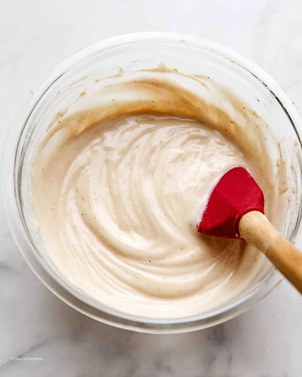 A clear glass bowl filled with smooth, creamy batter that is off-white with light brown specks evenly spread throughout. The batter's surface shows soft waves and swirls made by a red silicone spatula with a wooden handle resting on the right side of the bowl. The bowl is set on a white marbled surface, and there are no other visible items in the scene. photo taken with an iphone --ar 4:5 --v 7