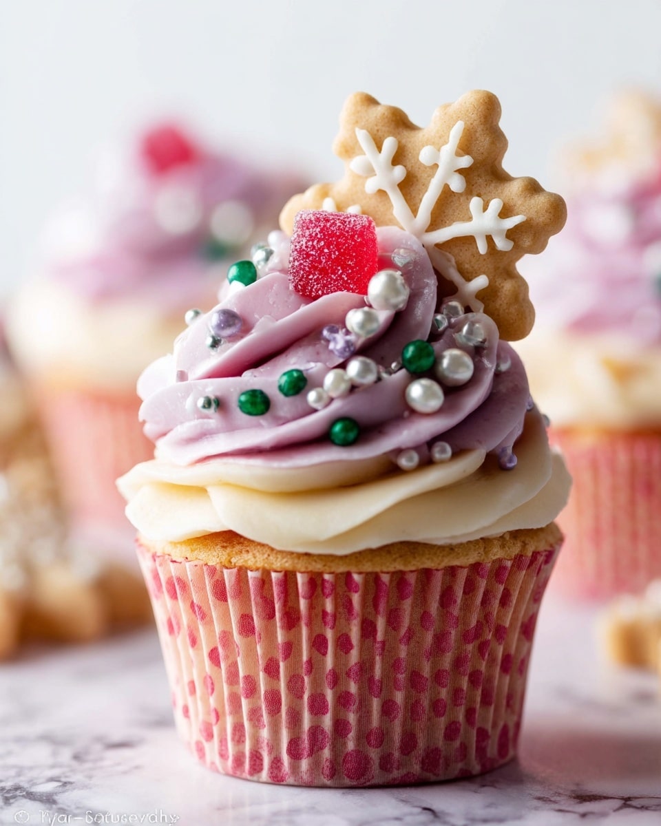A cupcake with a light brown base wrapped in a pink polka dot paper liner, topped with two layers of frosting: the bottom layer is creamy white and the top layer is light purple, swirled and ridged. On top, there is a small red gummy candy and a beige snowflake-shaped cookie standing upright. The frosting is decorated with small round sprinkles in white, silver, green, and purple. The cupcake sits on a white marbled surface with blurred cupcakes in the background. photo taken with an iphone --ar 4:5 --v 7