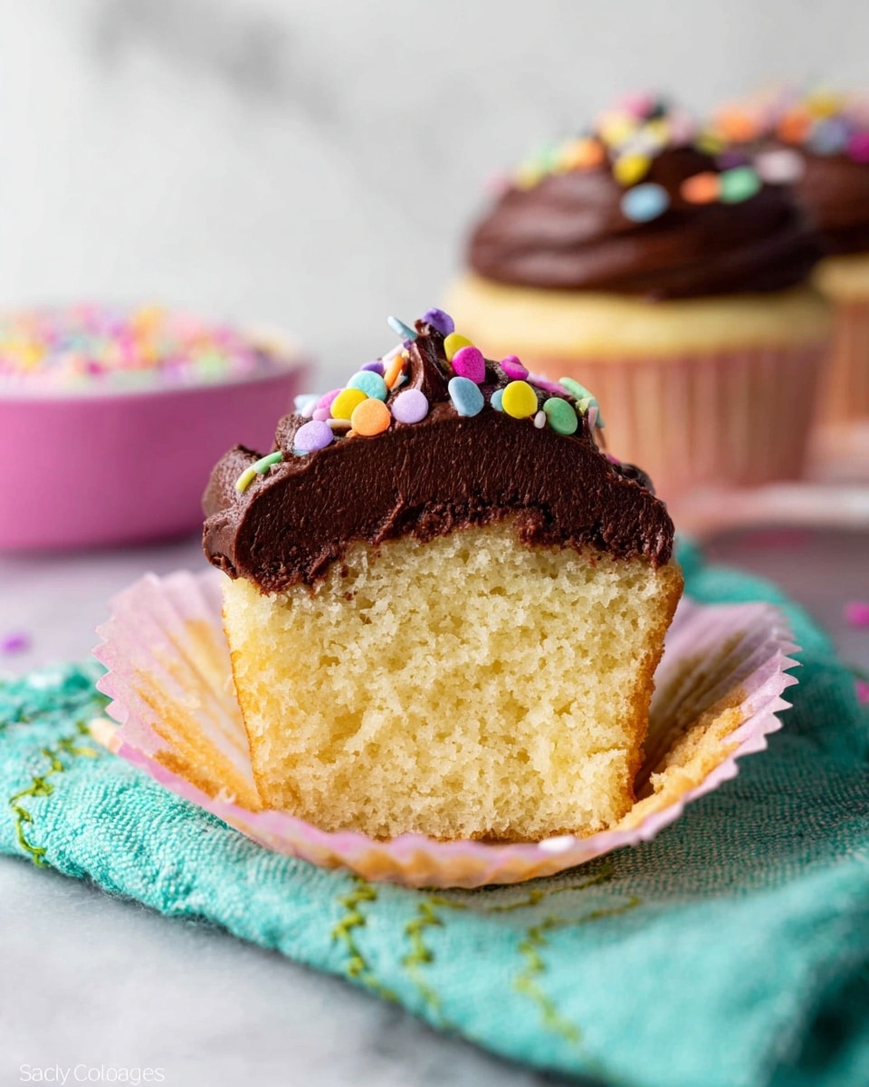 A close-up view of a cupcake cut in half showing two layers: the bottom layer is a soft pale yellow cake with a light texture, and the top layer is a thick, rich dark chocolate frosting with a swirled and smooth appearance, decorated with small round colorful sprinkles in pastel colors like pink, yellow, purple, green, and orange. The cupcake sits in a light pink paper liner with flutes, resting on a turquoise cloth with green stitching over a white marbled surface. In the blurred background, there is another whole frosted cupcake and a pink bowl with colorful sprinkles. Photo taken with an iphone --ar 4:5 --v 7