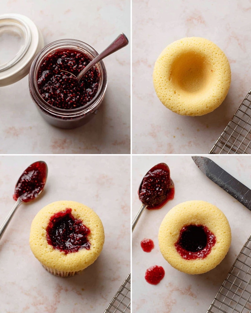 The image shows four steps of making a cupcake with jam filling on a white marbled surface. In the first step, an open jar full of dark red, chunky jam with seeds sits next to its white lid, with a spoon inside the jar. The second step shows a plain light yellow cupcake with a round piece removed from its center, next to the missing cupcake piece, and a metal knife with a black handle to the right. The third step features the cupcake with the hollow center filled with the dark red jam, and a spoon with some jam on it lays nearby, with the cut-out cupcake piece still on the side. The last step shows the cupcake with the removed piece placed back on top, slightly stained with the red jam around its edges, with some red jam spots on the surface next to it. A cooling rack can be partly seen in the upper right corner in all images. Photo taken with an iphone --ar 4:5 --v 7