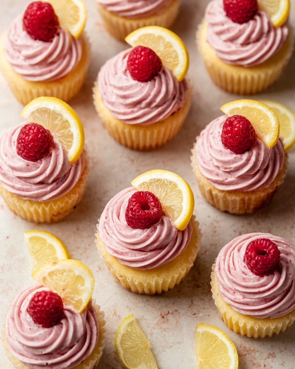 This image shows many cupcakes with one main layer: a golden-yellow cake base with a soft texture. On top of each is a swirl of smooth pink frosting, decorated with a fresh red raspberry and a thin slice of bright yellow lemon placed side by side. The cupcakes are arranged on a white marbled surface. A few lemon slices are scattered around the cupcakes. The light is soft and natural, highlighting the colors and textures of the frosting and fruit. Photo taken with an iphone --ar 4:5 --v 7