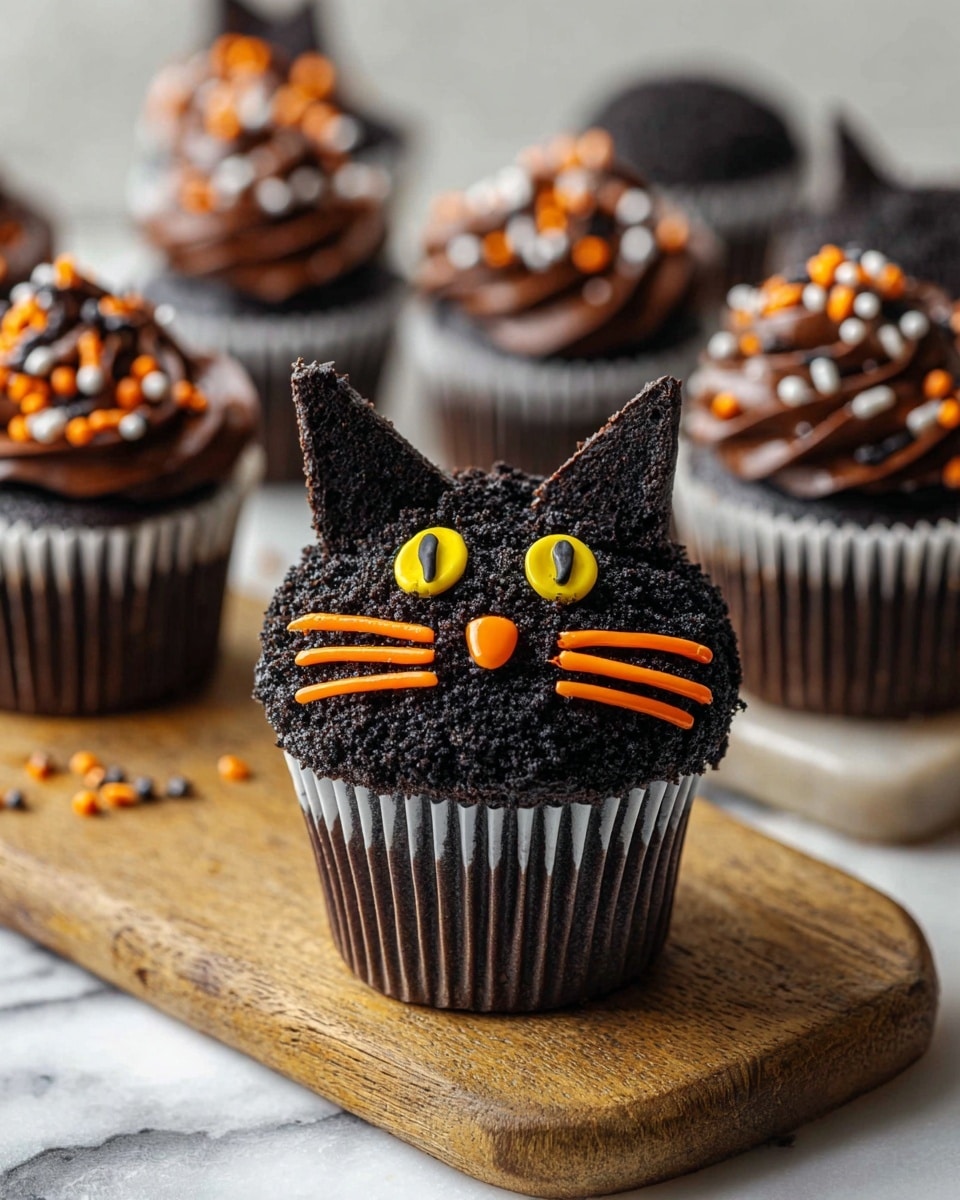 The image shows a black cat cupcake with three layers of decoration. The base is a dark chocolate cupcake in a white paper liner. On top, there is a thick layer of dark chocolate frosting covered with black cookie crumbs adding a rough texture. The cat’s face is formed with two yellow candy eyes with vertical black lines, a small orange candy nose, and three orange sprinkles on each side as whiskers. Two triangular chocolate pieces stand up as cat ears behind the eyes. The cupcake sits on a wooden board with other cupcakes in the background, some decorated with dark chocolate frosting and orange, white, and black sprinkles. The scene is set on a white marbled surface. photo taken with an iphone --ar 4:5 --v 7