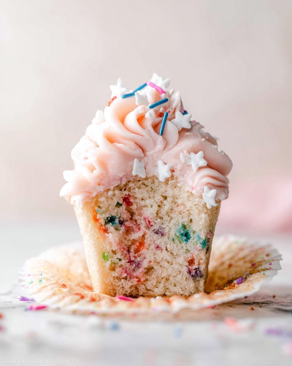 A single cupcake slice stands upright on a white marbled surface with pale beige, moist cake speckled with colorful confetti bits in red, blue, green, purple, and orange spread evenly throughout. It is topped with a thick layer of smooth, pale pink frosting that swirls upward with a textured, airy look. Small star-shaped white sprinkles and thin colorful sugar strands in blue, pink, and white are scattered on the frosting, adding detail to the top. The cupcake wrapper is partially peeled away at the bottom, revealing the cake's crumb. The background is softly blurred, highlighting the cupcake front and center with soft natural light. photo taken with an iphone --ar 4:5 --v 7