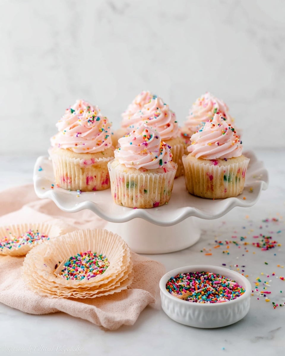 There are eight small cupcakes on a white cake stand with a wavy edge, each cupcake has light-colored cake base with colorful sprinkles inside and a swirl of light pink frosting on top decorated with small colorful sprinkles. Below the stand, there is a soft beige cloth with cupcake liners and a small white bowl filled with mixed colorful sprinkles. The whole scene sits on a white marbled surface with a simple white background. Photo taken with an iphone --ar 4:5 --v 7