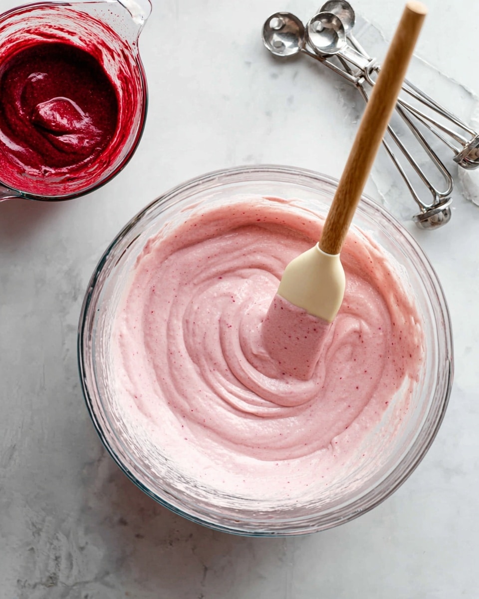 A large clear glass bowl holds a thick, smooth light pink batter with tiny darker pink specks swirled gently inside and a wooden spatula with a pale pink silicone head resting in it. Behind it, a smaller clear glass measuring cup contains a rich, deep red thick mixture with the same spatula partially dipped in it. Nearby, a set of metal measuring spoons is placed on the white marbled surface. Photo taken with an iphone --ar 4:5 --v 7