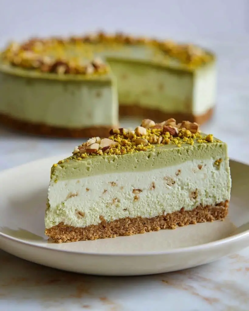 Creamy Pistachio Cheesecake with White Chocolate Ganache Recipe