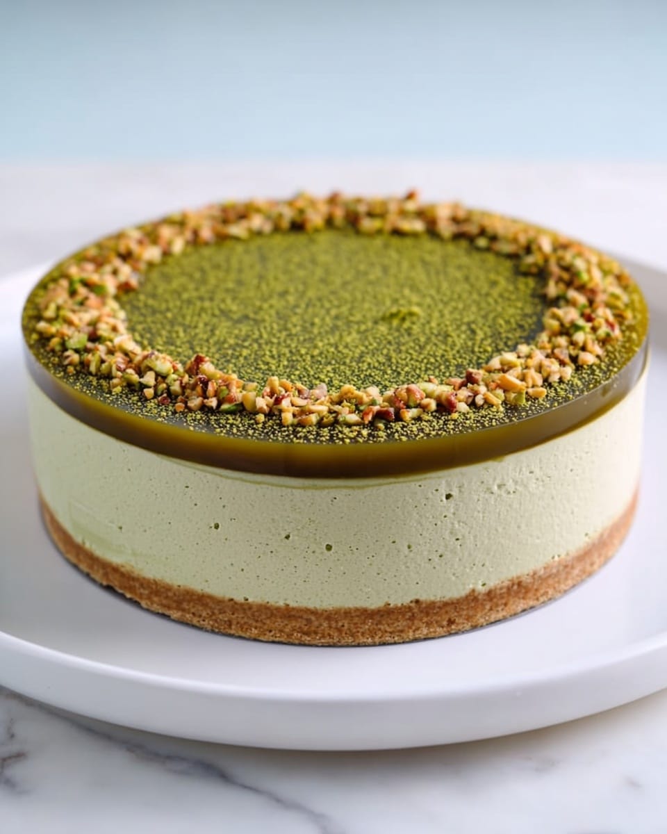 A round cake with three distinct layers sits on a white plate over a white marbled surface. The bottom layer is a thin, light brown crust. Above it is a thick, smooth pale green middle layer that looks creamy and slightly airy. The top layer is a shiny, dark green gel-like layer, covered evenly with a fine green powder in a concentric circle pattern. Around the edge of the top, there is a ring of chopped nuts sprinkled in a neat line. The photo taken with an iphone --ar 4:5 --v 7