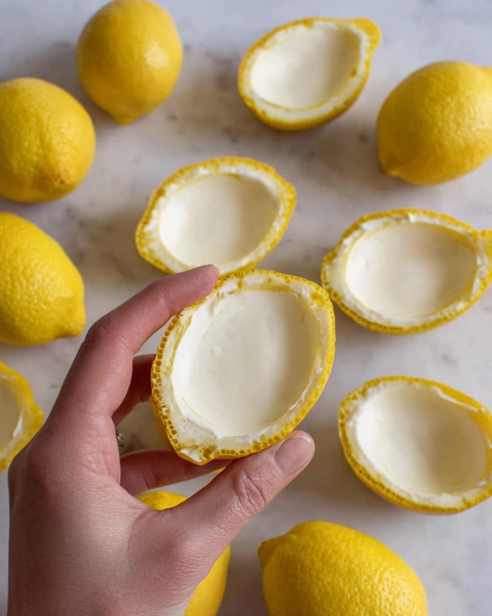 A woman's hand holds a lemon half filled with smooth, creamy white lemon dessert inside the bright yellow rind. Around the hand, multiple lemon halves with the same creamy white filling and whole yellow lemons are scattered on a white marbled surface. The lemon rind is vibrant yellow with small textured dots, and the cream inside looks silky and firm without any layers. The overall scene has a natural and fresh look. photo taken with an iphone --ar 4:5 --v 7