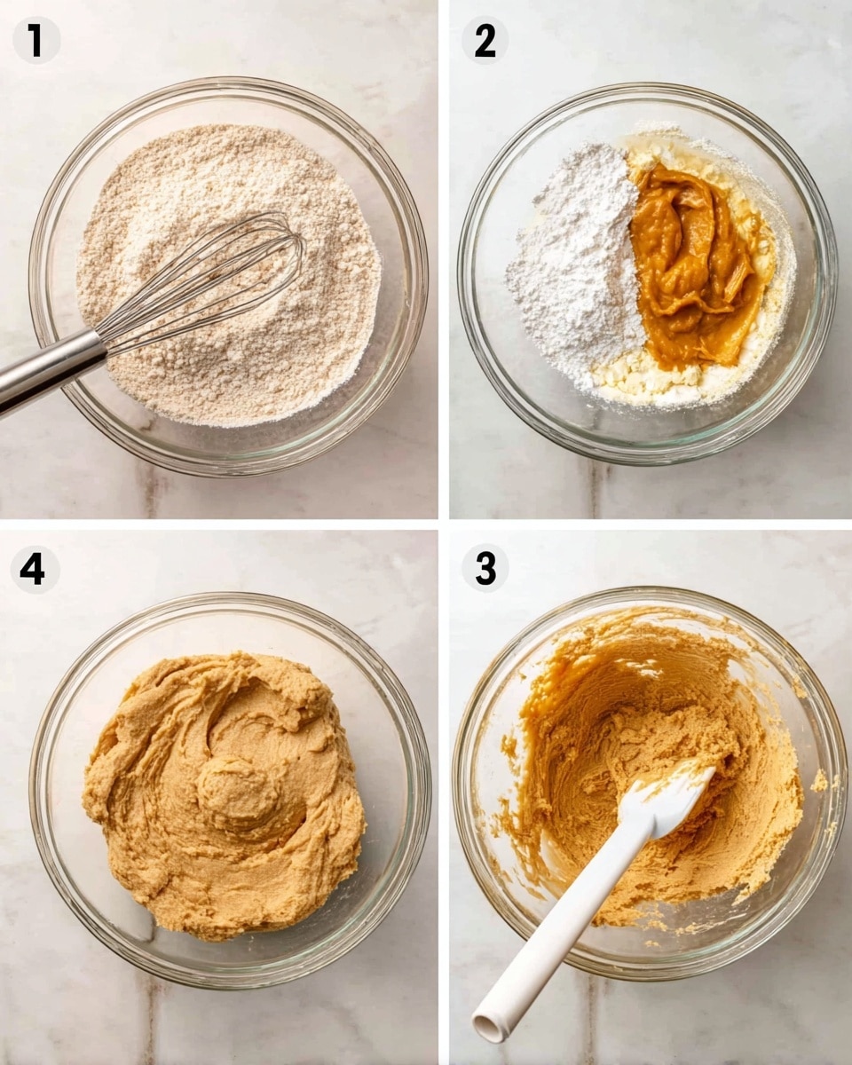 The image shows four steps of mixing cookie dough in clear glass bowls placed on a white marbled surface. In the first step, dry ingredients in a powdery light tan color fill the bowl with a metal whisk inside. The second step shows creamy butter and orange pumpkin puree being mixed with an electric hand mixer, with the cream and pumpkin creating a thick, smooth layer in the bowl. The third step adds flour to the creamy pumpkin mixture, with the dry white powder sitting on top while the electric mixer is ready to blend. The fourth step shows the finished dough, a smooth, thick, and slightly rough mixture in a medium brown color, being stirred with a white spatula in the bowl. The photo taken with an iphone --ar 4:5 --v 7