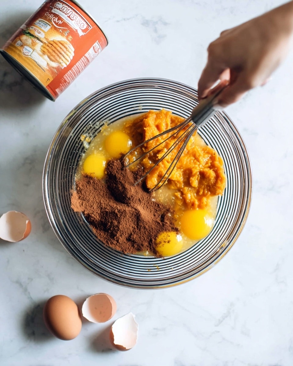 A clear glass mixing bowl with black stripes is on a white marbled surface, holding three layers of ingredients: two bright yellow eggs on one side, deep orange pumpkin puree in the middle, and dark brown spice powder on top, with a woman's hand whisking them together. Near the bowl, there are two empty eggshell halves, and a can of pumpkin puree lies on its side in the upper left corner of the image. The photo taken with an iphone --ar 4:5 --v 7