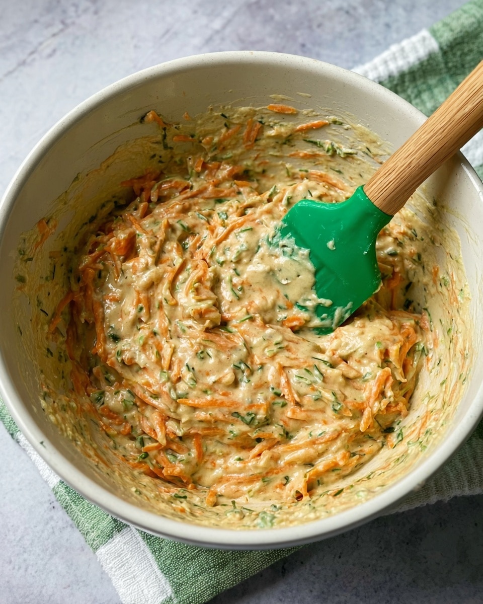A close-up view of a white bowl filled with a thick, mixed batter showing orange carrot strands and green herb pieces distributed throughout a creamy beige base. A green silicone spatula with a wooden handle is resting inside the bowl, partially covered in the mixture. The bowl sits on a white marbled surface with a green and white striped cloth partially visible underneath. The texture of the batter looks smooth with visible vegetable bits. photo taken with an iphone --ar 4:5 --v 7