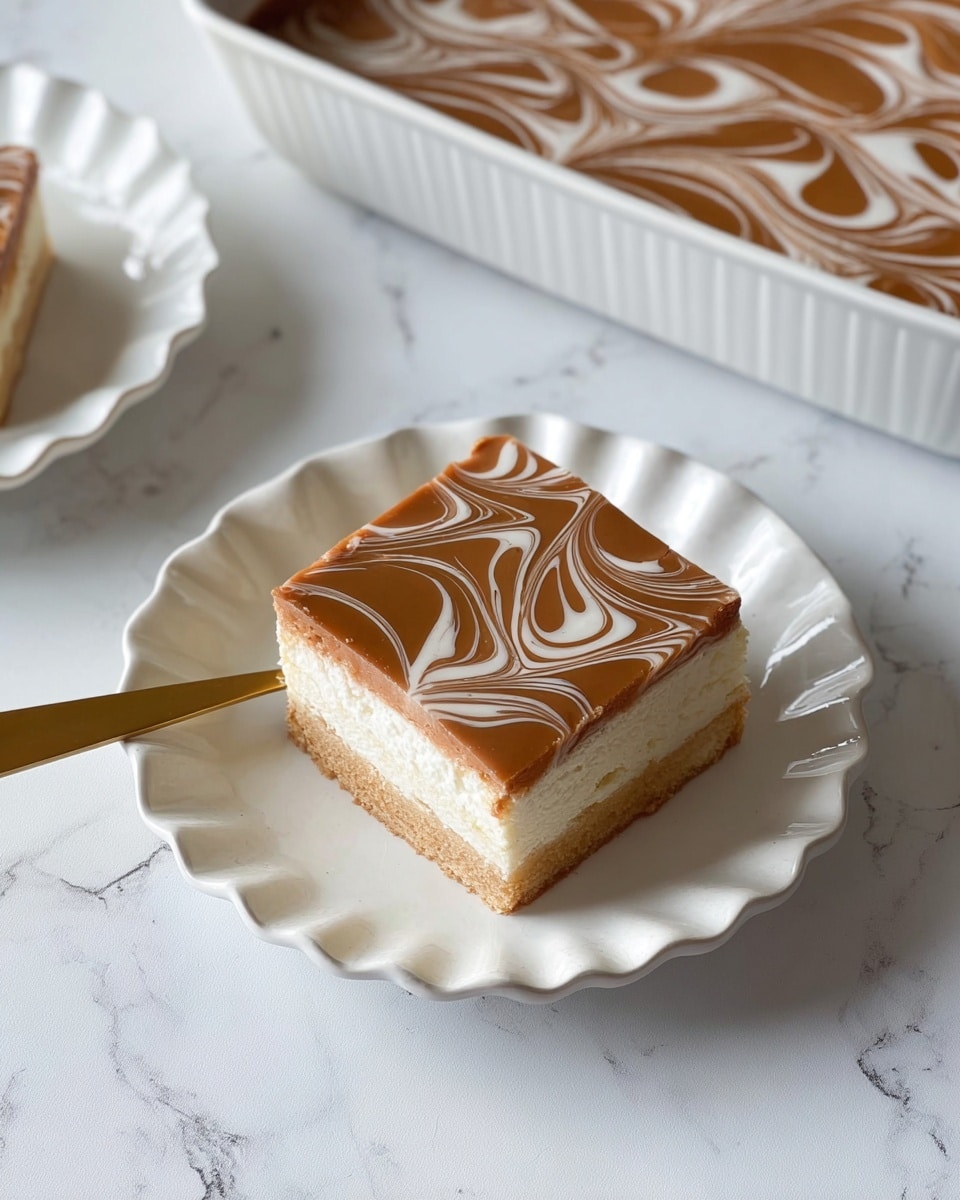 The image shows a square piece of dessert on a white plate with wavy edges. The dessert has three visible layers: a light cream-colored bottom layer, a middle layer that is pale and soft, and a top layer that is smooth and brown with a white swirl pattern creating curved lines across its surface. The plate is placed on a white marbled table. Next to the plate is a gold fork resting on the surface. In the background, there is a white baking dish with more of the same dessert, showing the brown top layer with white swirls. Photo taken with an iphone --ar 4:5 --v 7