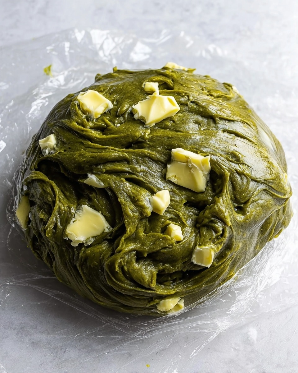 A thick, rough round mound of dark green dough with a somewhat shiny and soft texture sits on a transparent plastic wrap over a white marbled surface. The dough is mixed with small, evenly scattered chunks of pale yellow butter, embedded throughout the surface. The dough looks dense and slightly sticky, with visible swirls and folds from shaping, giving a layered appearance on top. Photo taken with an iphone --ar 4:5 --v 7