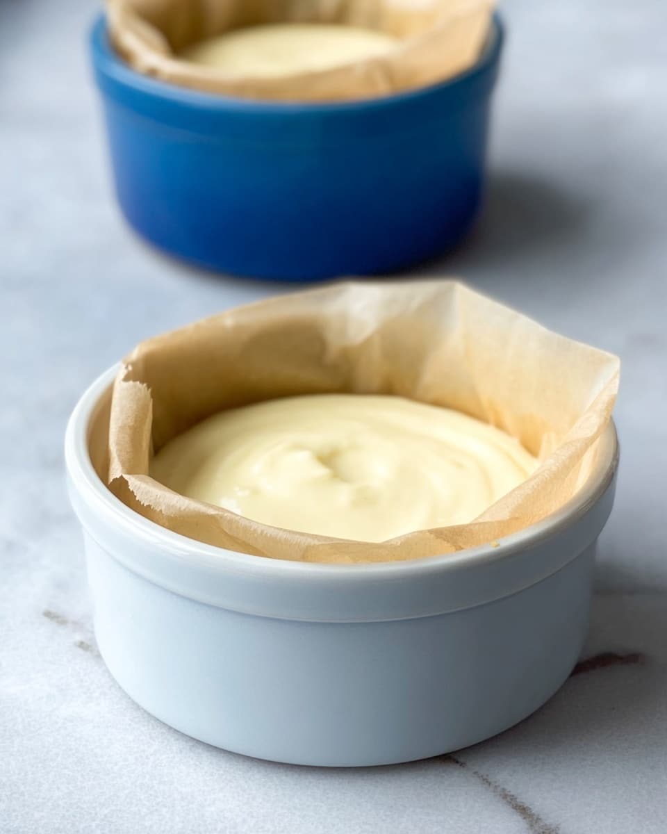 A white round ceramic ramekin filled with smooth, creamy pale yellow batter lined with parchment paper, placed on a white marbled surface; a blue ceramic container with a light brown top is blurred in the background, adding a soft touch of color to the scene, photo taken with an iphone --ar 4:5 --v 7