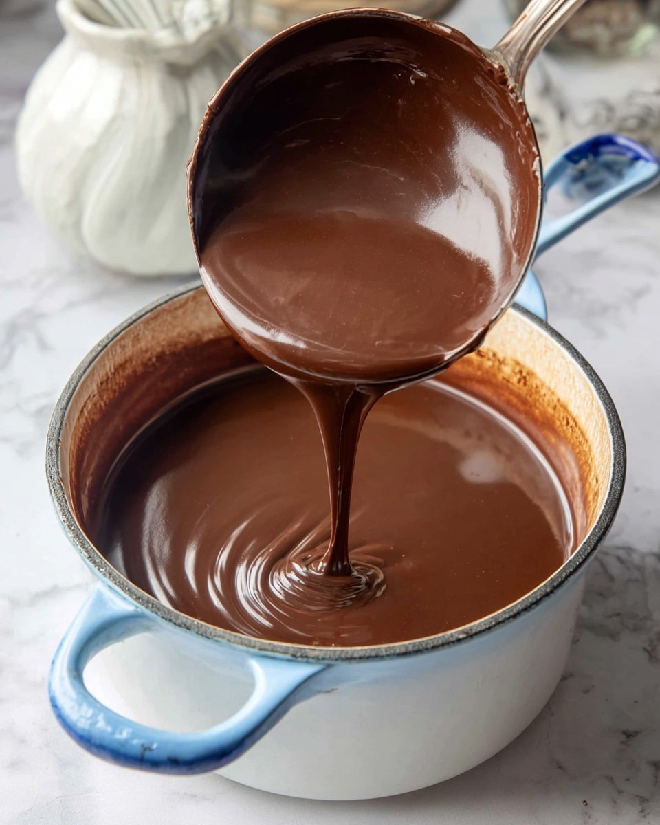 A white enamel pot with a blue handle holds thick, smooth dark chocolate sauce being poured from a large metal ladle above, showing a shiny, glossy surface with light reflections and a slight ripple where the chocolate falls back into the pot, with a bit of chocolate coating the inner edges of the pot; the pot sits on a white marbled surface with a blurred glass and white ceramic container in the background, photo taken with an iphone --ar 4:5 --v 7