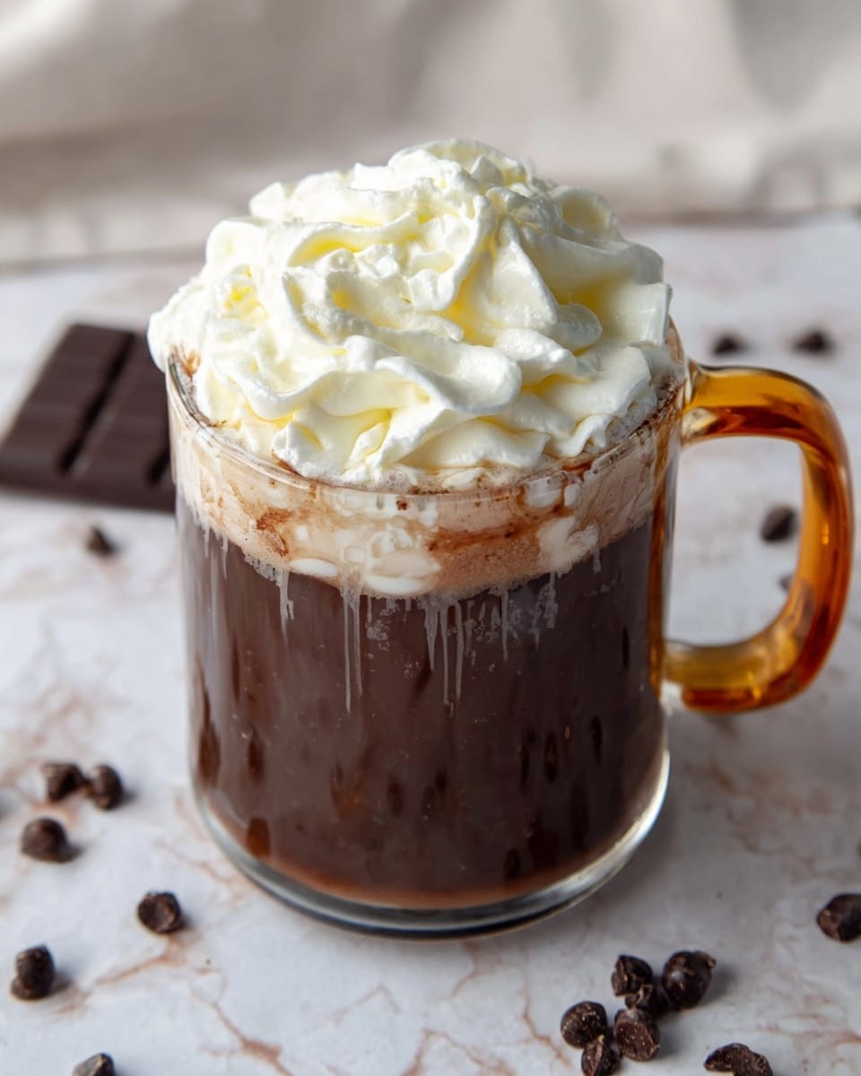 The image shows a clear glass mug with an amber handle filled with dark brown hot chocolate. The top layer is thick swirls of white whipped cream, slightly melting into the hot chocolate below. The mug is placed on a white marbled surface scattered with small dark chocolate pieces. The overall look is warm and inviting with a smooth contrast between the dark drink and fluffy white cream. photo taken with an iphone --ar 4:5 --v 7