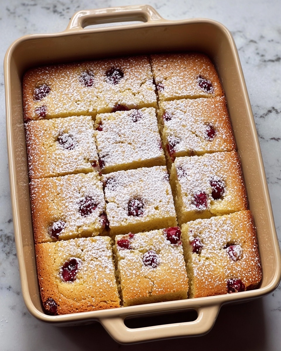 A rectangular cake is shown in a beige baking dish with handles, placed on a white marbled surface. The cake has one smooth, golden-brown layer sprinkled evenly with white powdered sugar. Throughout the cake, small red cherry pieces peek through the top, scattered randomly. The cake is cut into nine square pieces, with visible fine cracks on the surface indicating softness inside. The edges of the cake are slightly darker, showing a light crust. Photo taken with an iphone --ar 4:5 --v 7