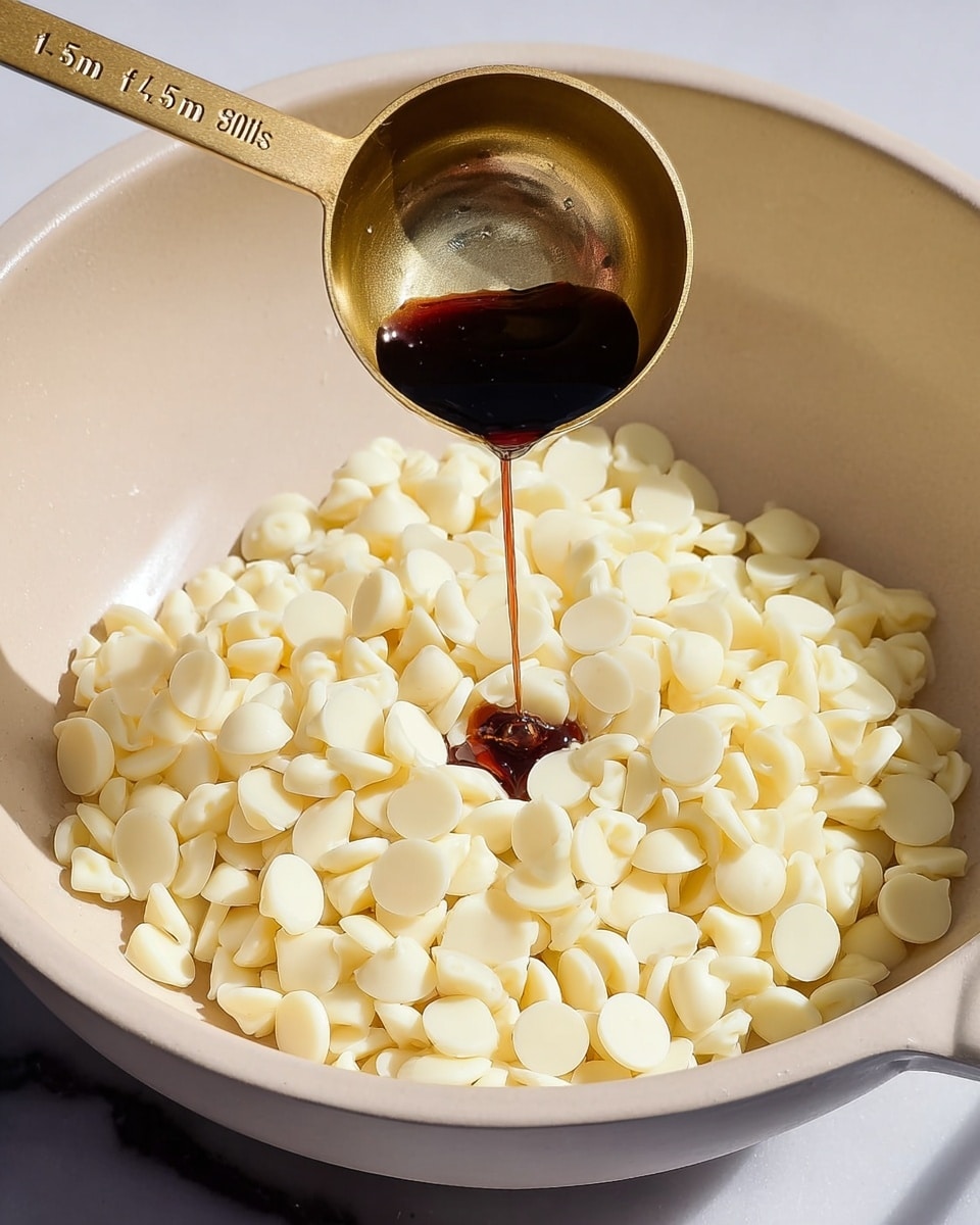 A close-up image shows a beige bowl filled with many small white chocolate chips, piled loosely inside. Above the chips, a gold-colored measuring spoon marked