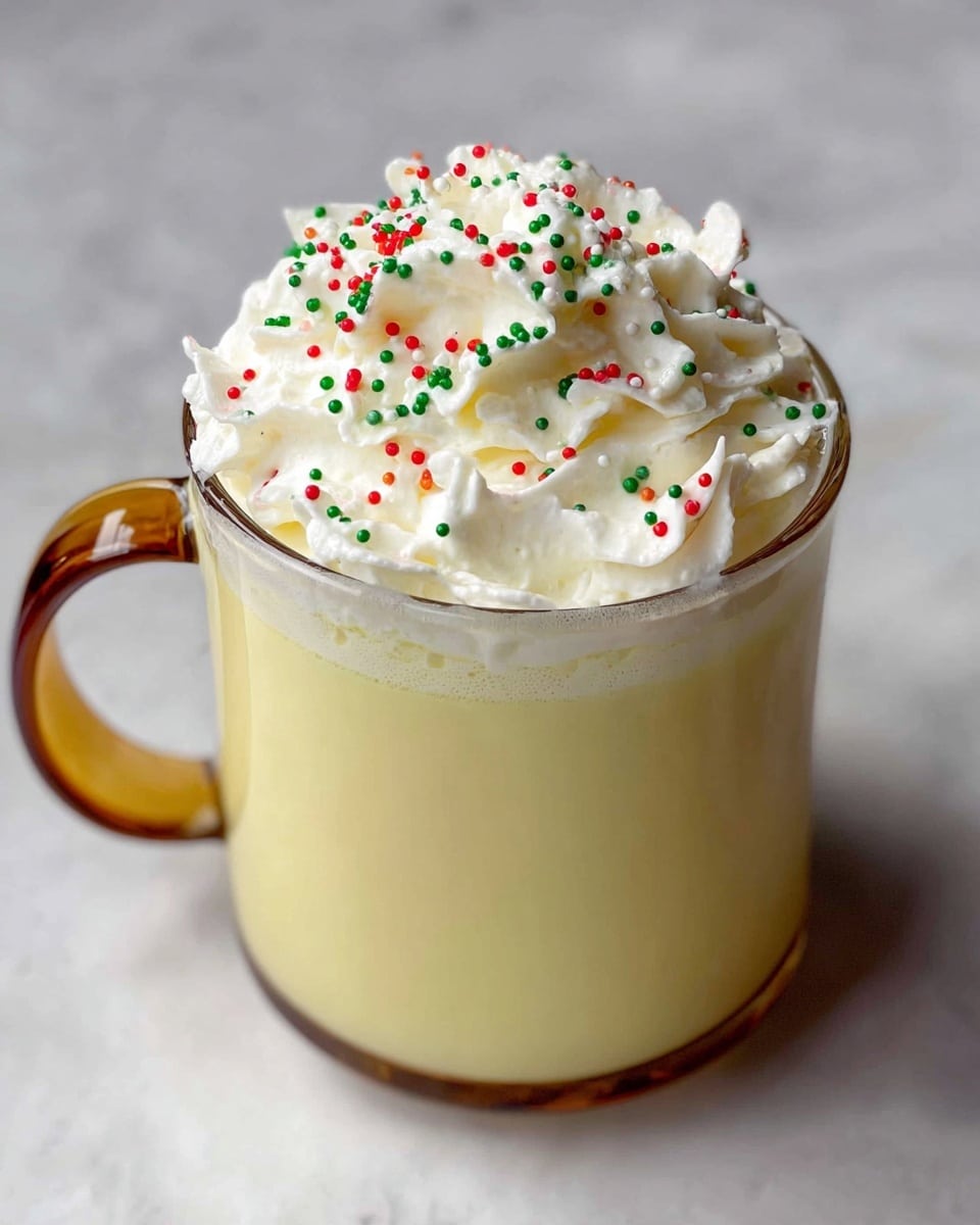 A clear glass mug with a light brown handle is filled with a creamy light yellow drink. On top, there is a thick layer of white whipped cream, decorated with small red, green, and white sprinkles scattered evenly. The mug sits on a white marbled surface, creating a clean and simple background. photo taken with an iphone --ar 4:5 --v 7
