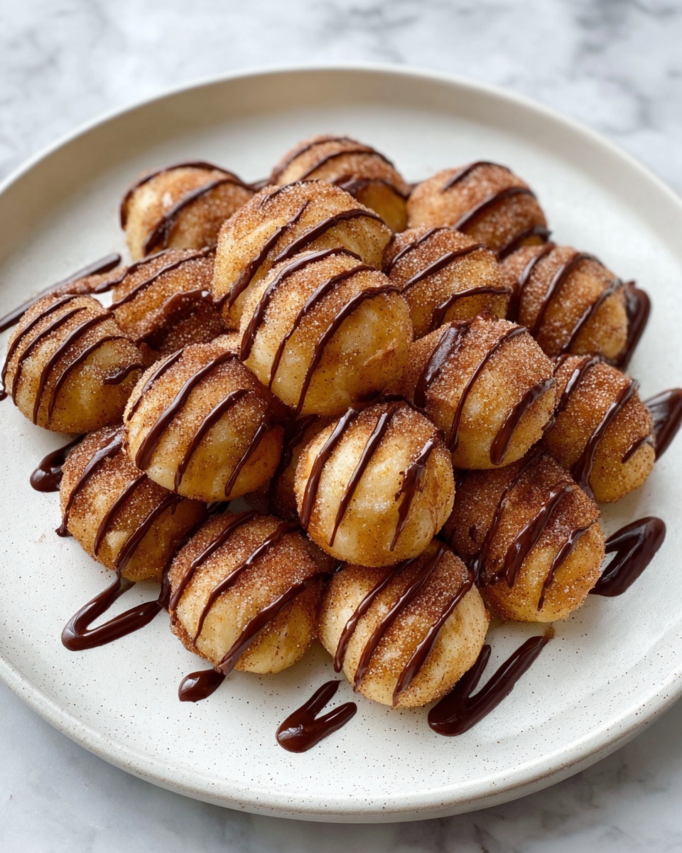 A white plate holds around fifteen small, round dough balls arranged closely together in a loose pile. Each dough ball has a light golden brown color with a dusting of cinnamon sugar, giving them a slightly rough texture. Dark brown chocolate sauce is drizzled over all the dough balls in thin, wavy lines, contrasting with the lighter dough beneath. The plate rests on a white marbled surface that adds a clean and elegant look. photo taken with an iphone --ar 4:5 --v 7