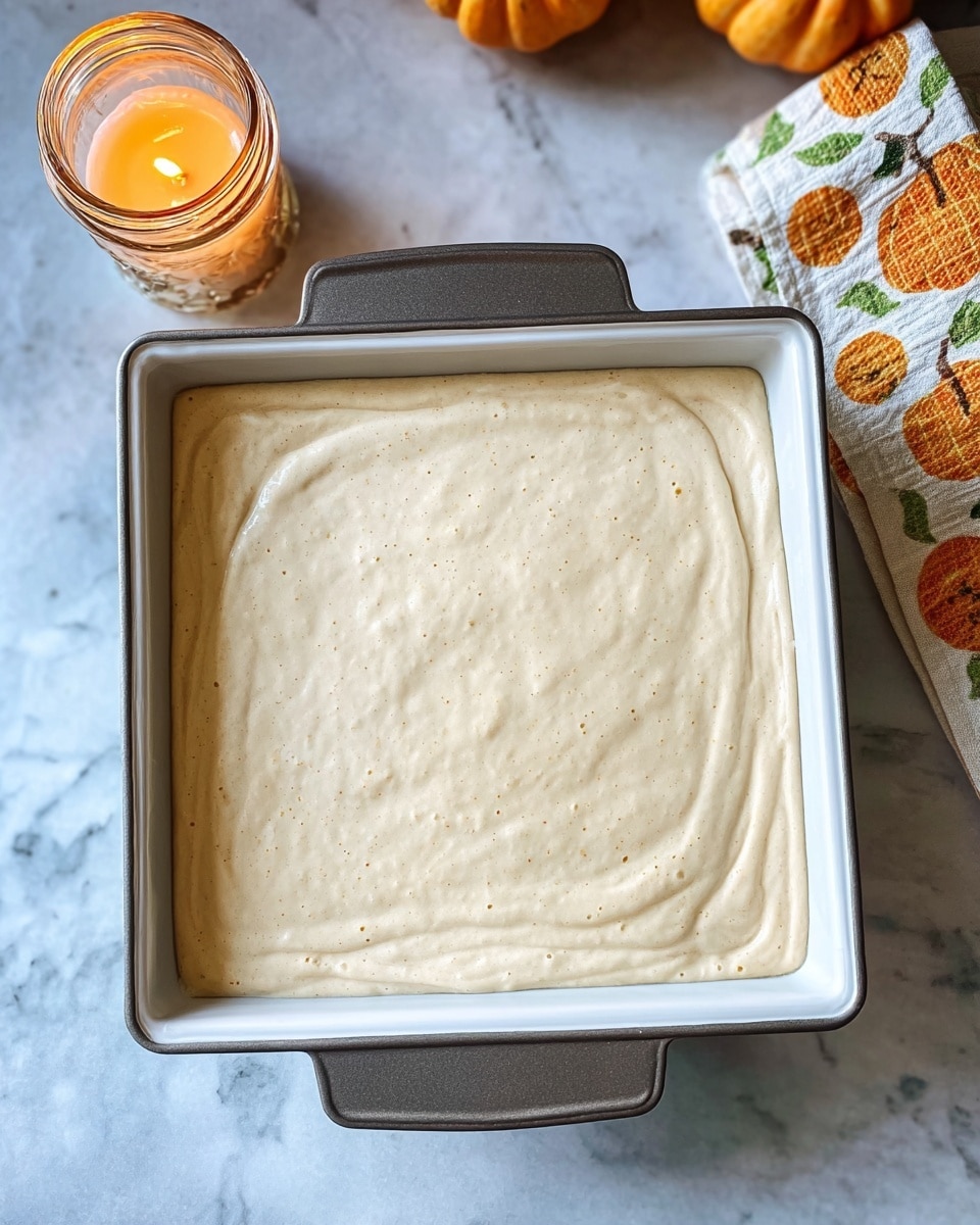 A square white baking dish filled with an even layer of smooth, light beige batter that has small air bubbles and soft textural swirls on the surface, placed inside a gray baking pan with handles on each side. The dish is set on a white marbled surface next to a lit glass candle with visible warm flame light, and a corner of a cloth with orange and green pumpkin patterns is visible in the upper right corner. The scene is softly lit with natural light, showing texture and calm colors photo taken with an iphone --ar 4:5 --v 7