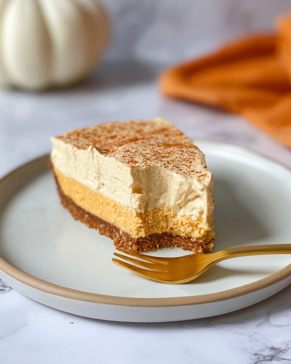 A single slice of creamy pumpkin pie is shown on a large white plate with a simple rim. The pie has three clear layers: the bottom layer is a crumbly, brown crust, the middle layer is thick and smooth with a pale orange color, and the top layer is a lighter, fluffy pumpkin mousse dusted with cinnamon or nutmeg. There is a bite taken from the front corner, revealing the creamy inside texture. A gold fork lies on the plate near the pie, and the background has a soft white marbled surface with a blurred white pumpkin and orange cloth visible. Photo taken with an iphone --ar 4:5 --v 7