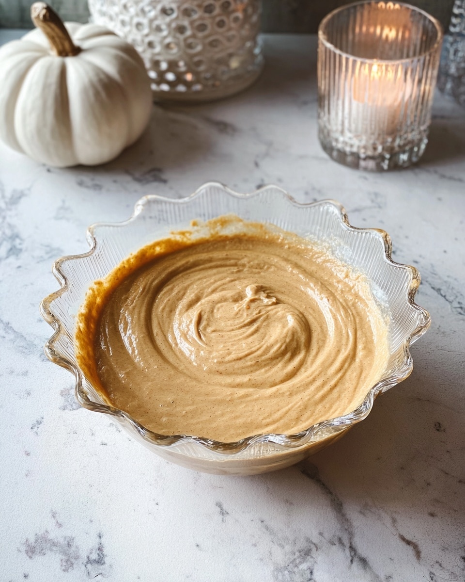 A clear glass bowl with wavy edges filled with a smooth, thick batter of light brown color with a swirl pattern on top. The bowl sits on a white marbled surface. In the background, there is a white ceramic pumpkin and a small lit candle in a clear ribbed glass container. Photo taken with an iphone --ar 4:5 --v 7
