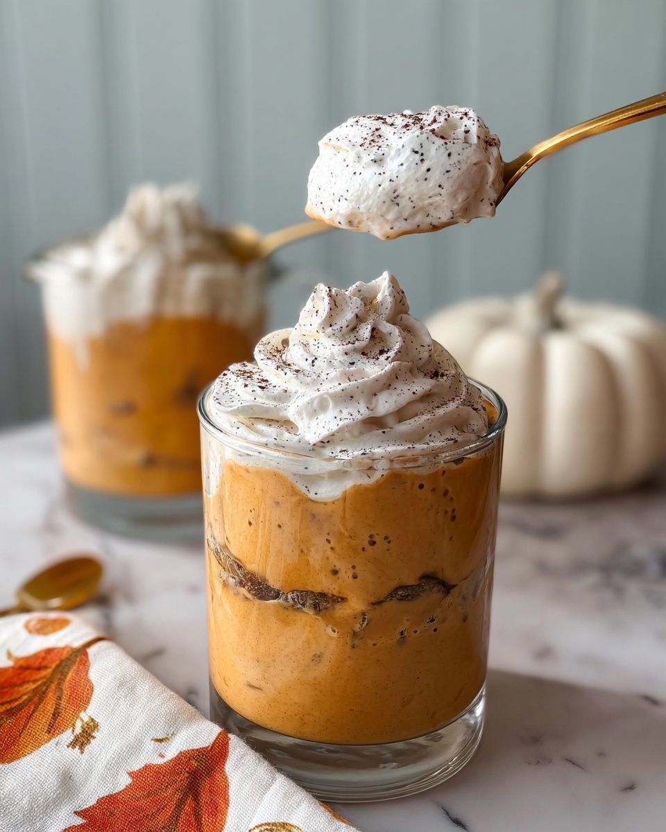 The image shows a clear glass cup filled with a creamy orange-colored dessert layered with visible darker brown pieces placed inside the dessert in three distinct layers. The top layer is finished with a thick swirl of white whipped cream sprinkled lightly with dark powder. A gold spoon holding a scoop of the same white whipped cream with dark specks is held above the cup. The cup sits on a white marbled surface with a white pumpkin decoration near it in the blurry background and a second glass with the same dessert behind it. Part of a napkin with orange and brown leaf patterns is visible to the side. Photo taken with an iphone --ar 4:5 --v 7