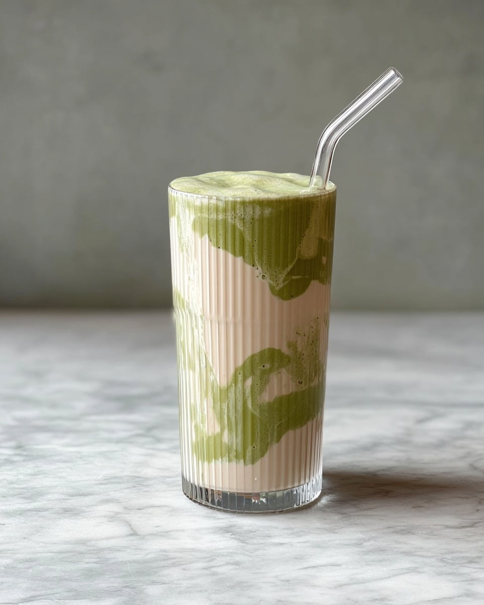 A tall clear ribbed glass filled with a creamy light beige smoothie with swirls of thick green sauce spread unevenly inside, topped with a foam layer, and a clear bent glass straw inserted from the top right side, sitting on a white marbled surface with a soft, out-of-focus gray background, photo taken with an iphone --ar 4:5 --v 7