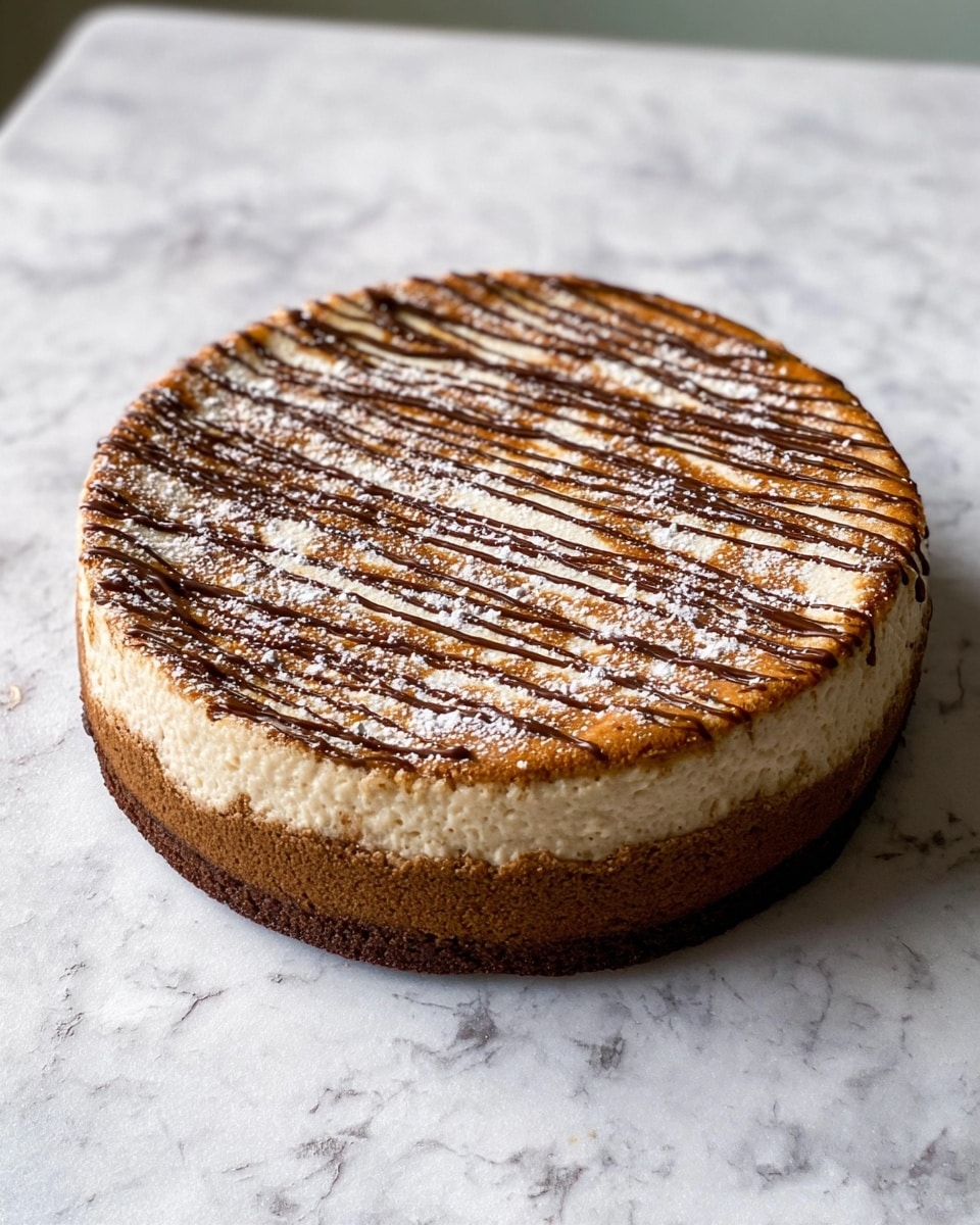 The image shows a round cake with two visible layers sitting on a white marbled surface. The bottom layer is dark brown, dense, and looks moist, while the top layer is lighter brown with a soft, crumbly texture. The cream-colored middle part is smooth and slightly sunken in the center. The top of the cake is decorated with thin, uneven drizzles of dark chocolate or caramel, giving a striped effect over the light dusting of powdered sugar or crumbs. The cake edges are clean and round, with no plate visible. Photo taken with an iphone --ar 4:5 --v 7