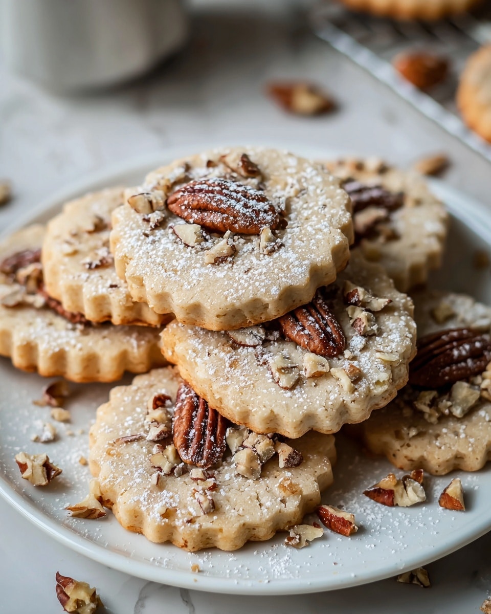 A white plate stacked with round pale golden cookies, each cookie topped with large pecan pieces and smaller nut bits, with a light dusting of powdered sugar over the tops and some scattered nuts around the plate. The cookies have a slightly rough texture with scalloped edges. The plate sits on a white marbled surface. photo taken with an iphone --ar 4:5 --v 7