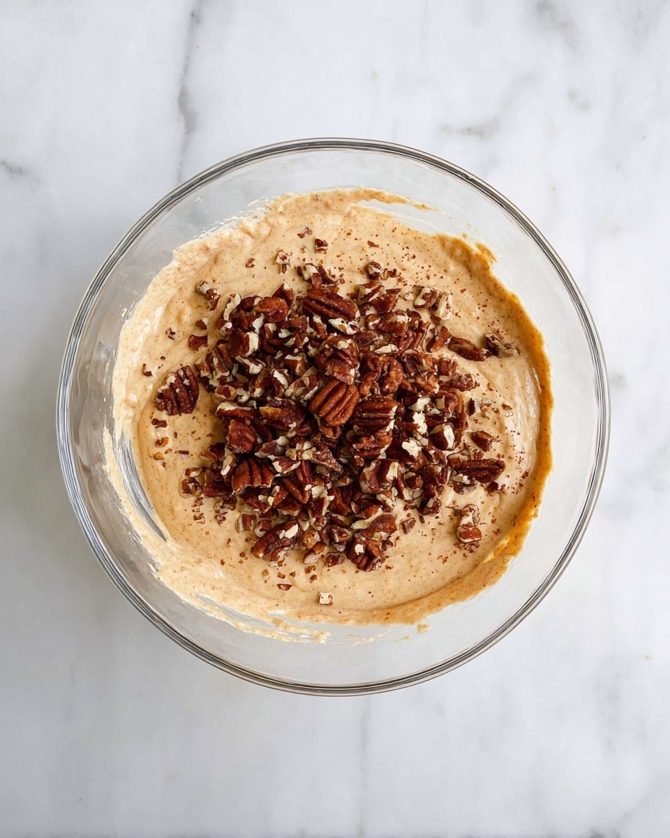 A clear glass bowl sits on a white marbled surface, filled with one thick, creamy layer of light brown batter with a slightly lumpy texture. On top of this batter, there is a pile of roughly chopped pecans scattered in the center, adding a rich, dark brown contrast with their irregular shapes and sprinkled pieces. photo taken with an iphone --ar 4:5 --v 7