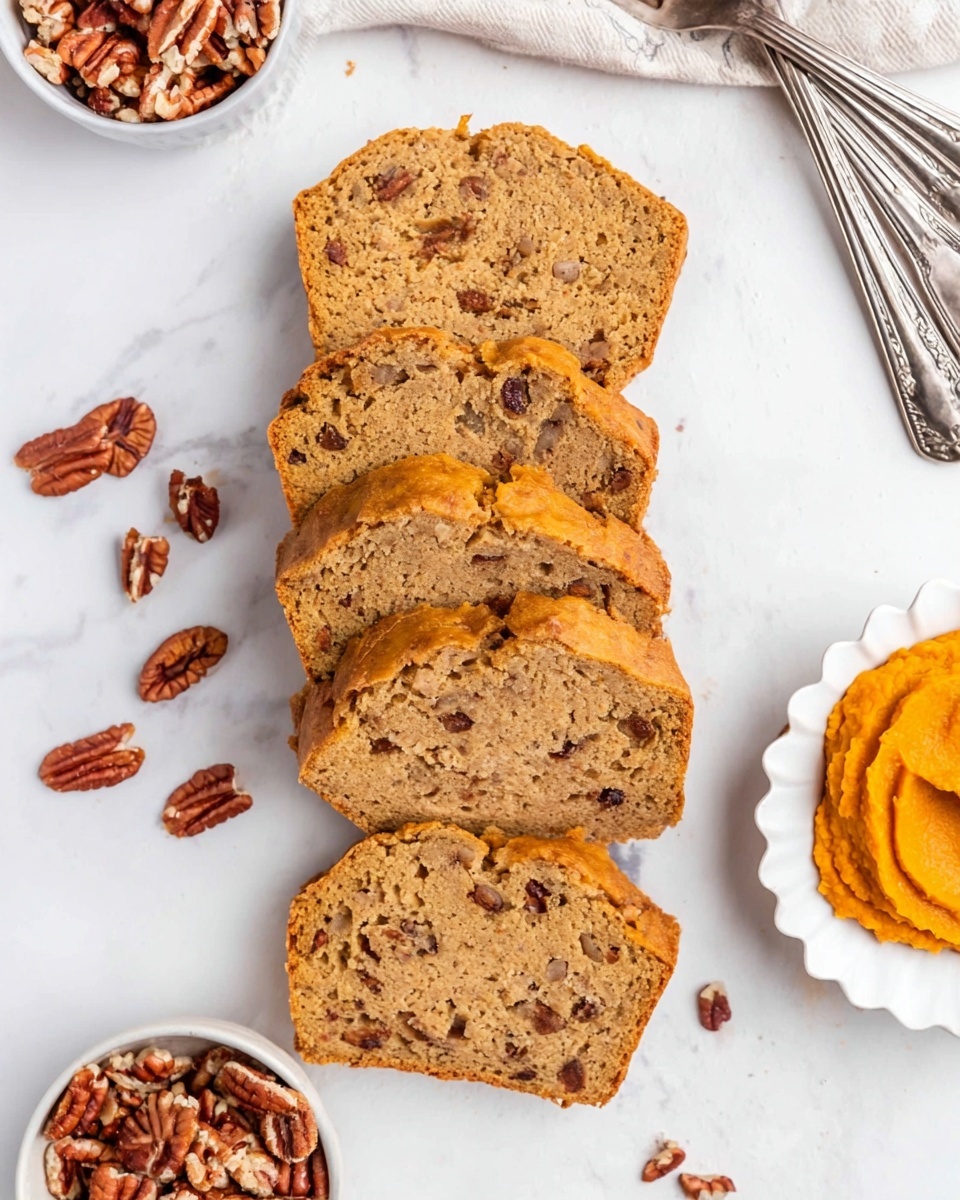 The image shows six slices of light brown bread with a soft texture and visible chunks of pecans spread throughout. The slices are stacked slightly overlapping vertically on a white marbled surface. To the left, there is a small white bowl filled with pecans and a few loose pecans scattered beside it. On the right side, there is a small white bowl containing bright orange pumpkin puree. In the upper right corner, there is a white scalloped plate holding three silver forks. The whole scene is bright with a clean, cozy look. photo taken with an iphone --ar 4:5 --v 7