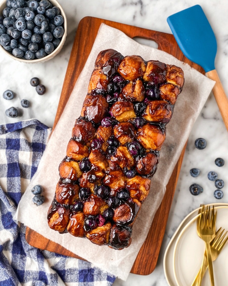 A rectangular loaf of sticky, shiny bread sits on white parchment paper over a wooden board. The bread is made of many small, golden-brown pieces, some darker and caramelized, with a glossy, dark berry glaze covering the top. There are visible blueberries baked into the bread, adding spots of dark purple-blue throughout. Around the bread, a few loose blueberries are scattered on a white marbled surface. A blue silicone spatula is placed to the right, near a white bowl full of fresh blueberries. On the bottom left, a blue and white checkered cloth adds a soft texture, and at the bottom right, two gold forks lie next to a white plate. Photo taken with an iphone --ar 4:5 --v 7