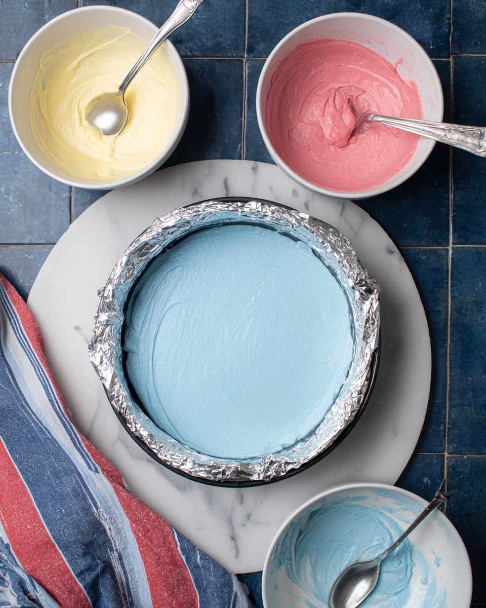 A round baking pan wrapped with foil contains one smooth layer of light blue batter filled evenly inside. Above it on a white marbled surface, there are two white bowls: one bowl holds creamy light yellow batter with a silver spoon, and the other bowl has pink batter with another silver spoon. Below to the side, a white plate shows leftover blue batter and a spoon. A striped cloth with red, white, and blue colors lies beside the pan. The background is a dark blue tiled surface. photo taken with an iphone --ar 4:5 --v 7