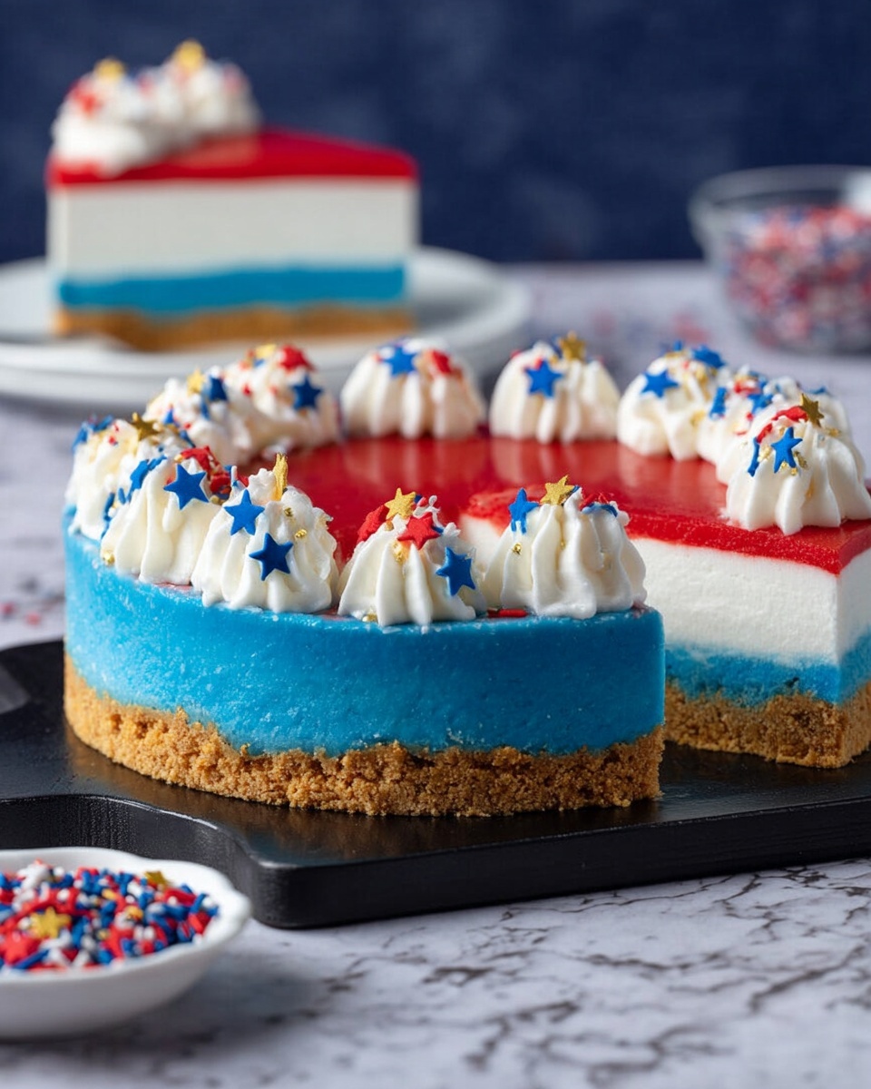 A round cake with four visible layers sits on a black serving tray against a white marbled surface. The bottom layer is a light brown crumb crust. Above this is a thick bright blue layer with a smooth texture. On top of the blue layer is a white layer, also smooth and even. The top layer is bright red and flat. The cake is decorated with white dollops of whipped topping around the edge, each sprinkled with small red, blue, and gold star-shaped and round sprinkles. In the background, another slice of the same cake is on a white plate. Nearby is a small white bowl filled with similar colorful sprinkles. Photo taken with an iphone --ar 4:5 --v 7
