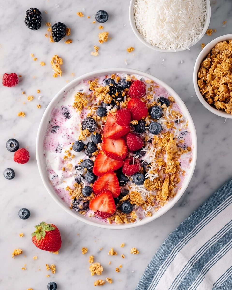 A white bowl filled with three layers: a creamy pink mixed layer with visible blackberries and blueberries, topped with fresh red strawberry halves and whole blueberries, and sprinkled with golden brown granola pieces. Around the bowl, there are scattered granola clusters, loose blueberries, blackberries, raspberries, and coconut flakes. To the upper right, there are two smaller white bowls, one filled with granola and the other with white shredded coconut. The scene sits on a white marbled surface with a white and blue striped cloth partially visible at the bottom right corner. photo taken with an iphone --ar 4:5 --v 7