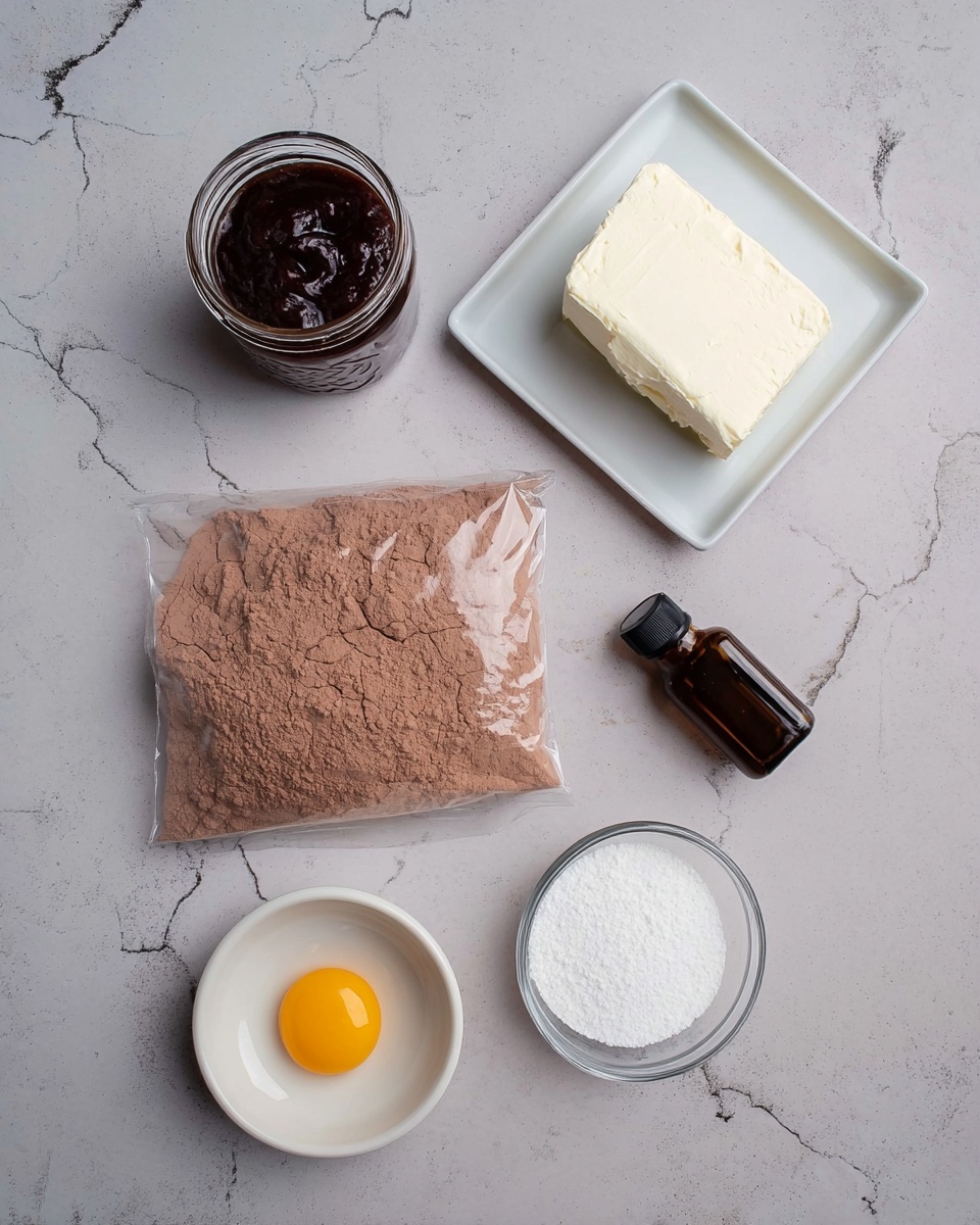 The image shows six ingredients arranged on a white marbled surface. At the top right, there is a white square plate with a block of white cream cheese. To the left of it is an open jar of dark brown jam with a slightly shiny texture. Below the jam and cream cheese is a clear plastic bag filled with light brown cocoa powder with visible cracks on the bag's surface. To the right of the cocoa powder, there is a small dark brown bottle with a black cap. Below the bottle is a clear round glass bowl filled with white sugar. To the left of the sugar bowl is a small white round bowl holding one uncooked egg yolk, bright yellow and smooth in texture. photo taken with an iphone --ar 4:5 --v 7