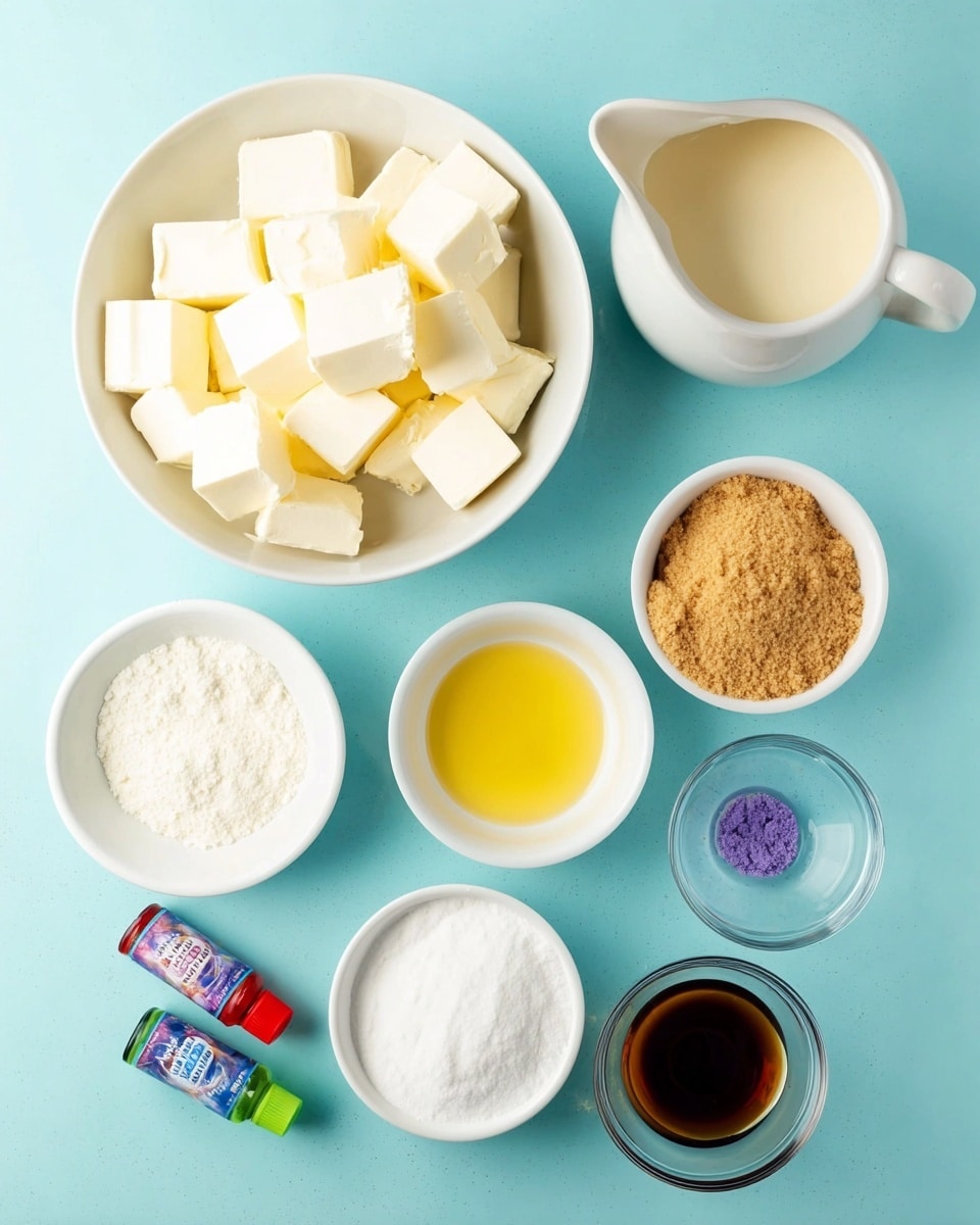 The image shows several white bowls and a white jug placed on a light blue background. One large bowl is filled with white blocks of cream cheese, another bowl has light brown graham cracker crumbs, a third bowl holds white powdered sugar, and a fourth contains a yellow liquid, likely melted butter. The white jug is filled with a pale cream liquid, and a small clear glass bowl contains a dark brown liquid, possibly vanilla extract. There are also five small bottles of colorful food coloring—orange, red, leaf green, liquid yellow, and purple—placed near the bowls. photo taken with an iphone --ar 4:5 --v 7