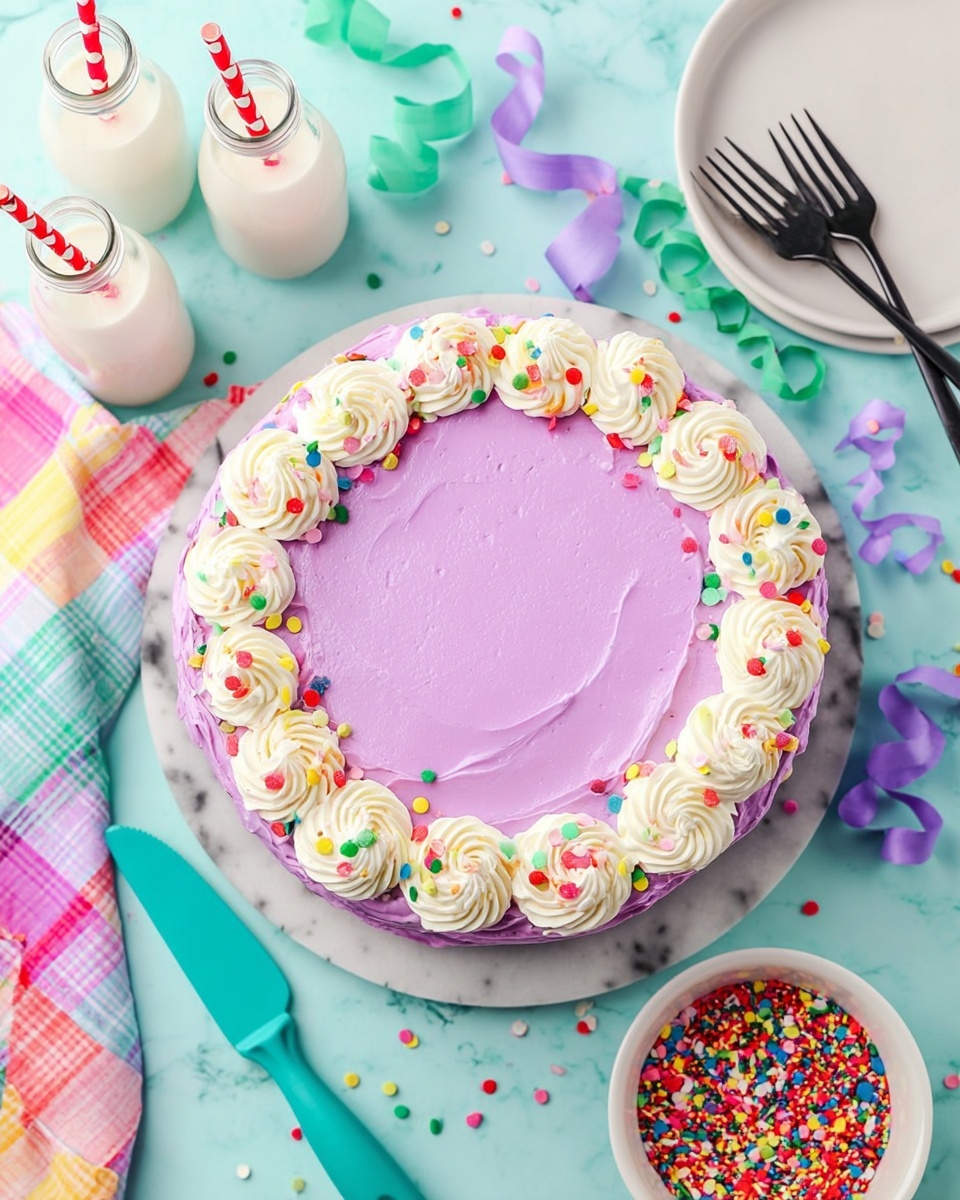 A round cake with one visible layer covered in smooth, bright purple frosting sits on a white marbled surface. Around the edge of the cake, there is a ring of white cream swirls, each topped with colorful round and rod-shaped sprinkles in various shades of red, green, yellow, and blue. To the left of the cake, a checkered cloth in pastel colors lies flat, and a turquoise spatula rests on it. Near the cake, there are three small glass bottles filled with milk, each with a red and white striped straw, and a bowl filled with multicolored sprinkles. In the top right corner, a white plate holds two black forks, and curly pastel purple and green ribbons decorate the scene. photo taken with an iphone --ar 4:5 --v 7