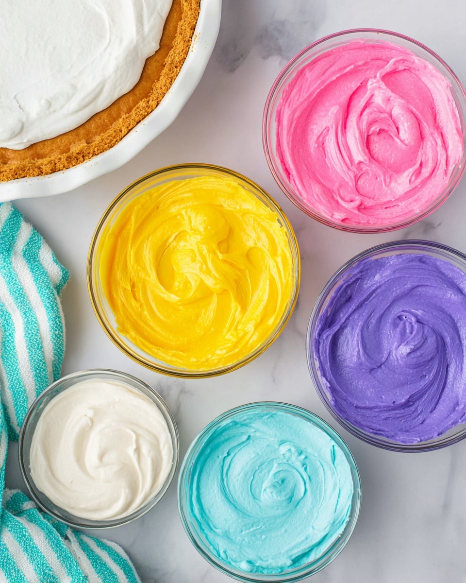 The image shows five clear glass bowls arranged in a circle on a white marbled surface. Four of the bowls contain swirled colorful frosting: bright yellow at the top left, vibrant pink to the right, light blue at the bottom left, and deep purple at the bottom right. The fifth bowl, placed at the top right, contains smooth white frosting. Part of a white pie dish with a brown crust is visible in the top left corner. A turquoise and white striped cloth partially appears in the bottom left corner. The scene is bright and clean, focusing on the vivid colors and creamy textures of the frostings. photo taken with an iphone --ar 4:5 --v 7