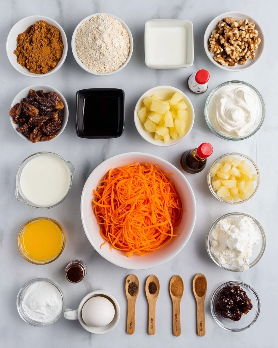 An overhead view shows 20 separate small white bowls and containers arranged neatly on a white marbled surface, each holding different ingredients. In the center, a large white bowl holds bright orange shredded carrots. Around it, from left to right and top to bottom, there is light brown crushed cookies or crumbs, creamy white thick cheese, light brown sugar, a dark liquid in a small white square dish, pure white milk in a small white pitcher, white thick cream in a clear glass bowl, one white egg in a small black bowl, light yellow juice in a small clear cup, a small dark bottle with a red cap, chopped walnuts, white all-purpose flour, pineapple chunks in a small white square bowl, dark raisins in a clear cup, powdered sugar in a clear cup, mashed banana in a small white square bowl, melted butter in a small clear container, and five small wooden spoons each with a different fine spice: dark brown, white, brown, white, and dark brown, respectively, placed at the bottom. photo taken with an iphone --ar 4:5 --v 7