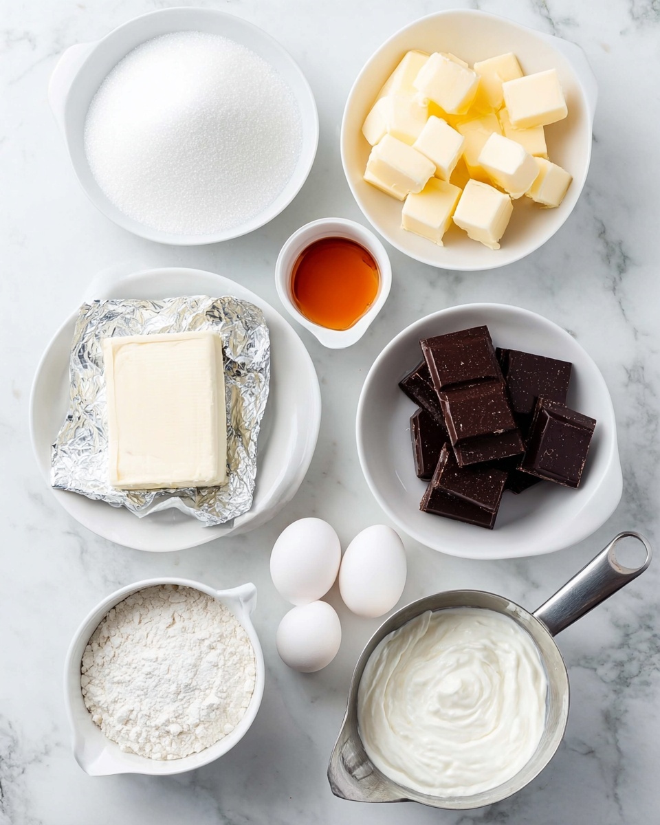 The image shows eight white bowls and cups arranged on a white marbled surface, each holding different baking ingredients. At the top left is a bowl filled with white granulated sugar, and to its right is another bowl with several cubes of yellow butter. Below the sugar bowl is a bowl with six large squares of dark chocolate. In the center is a bowl holding a block of cream cheese wrapped in foil. To the right of the cream cheese is a small white pitcher with orange vanilla extract. Below the dark chocolate is a white measuring cup filled with flour. Two whole white eggs lie beside the flour cup, and next to the eggs is a small round bowl with white baking powder and salt. A metal measuring cup filled with thick white sour cream completes the arrangement at the bottom right. All items are placed neatly on the white marbled surface. Photo taken with an iphone --ar 4:5 --v 7